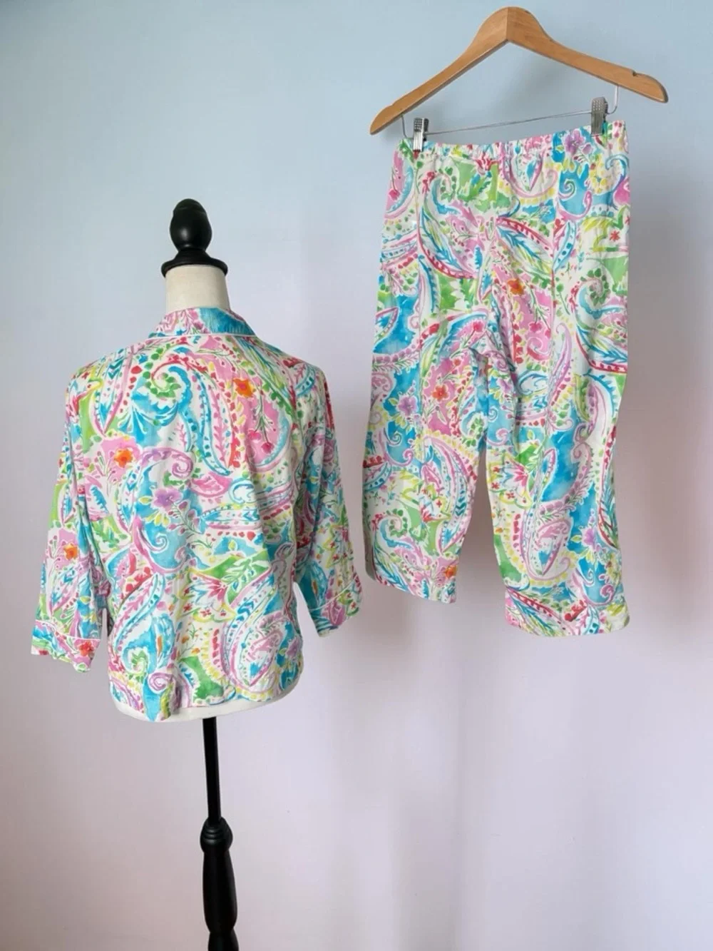 Ralph Lauren Black Label Rainbow Paisley Crop Pajama Set • PM Petite Medium - Picture 2 of 15